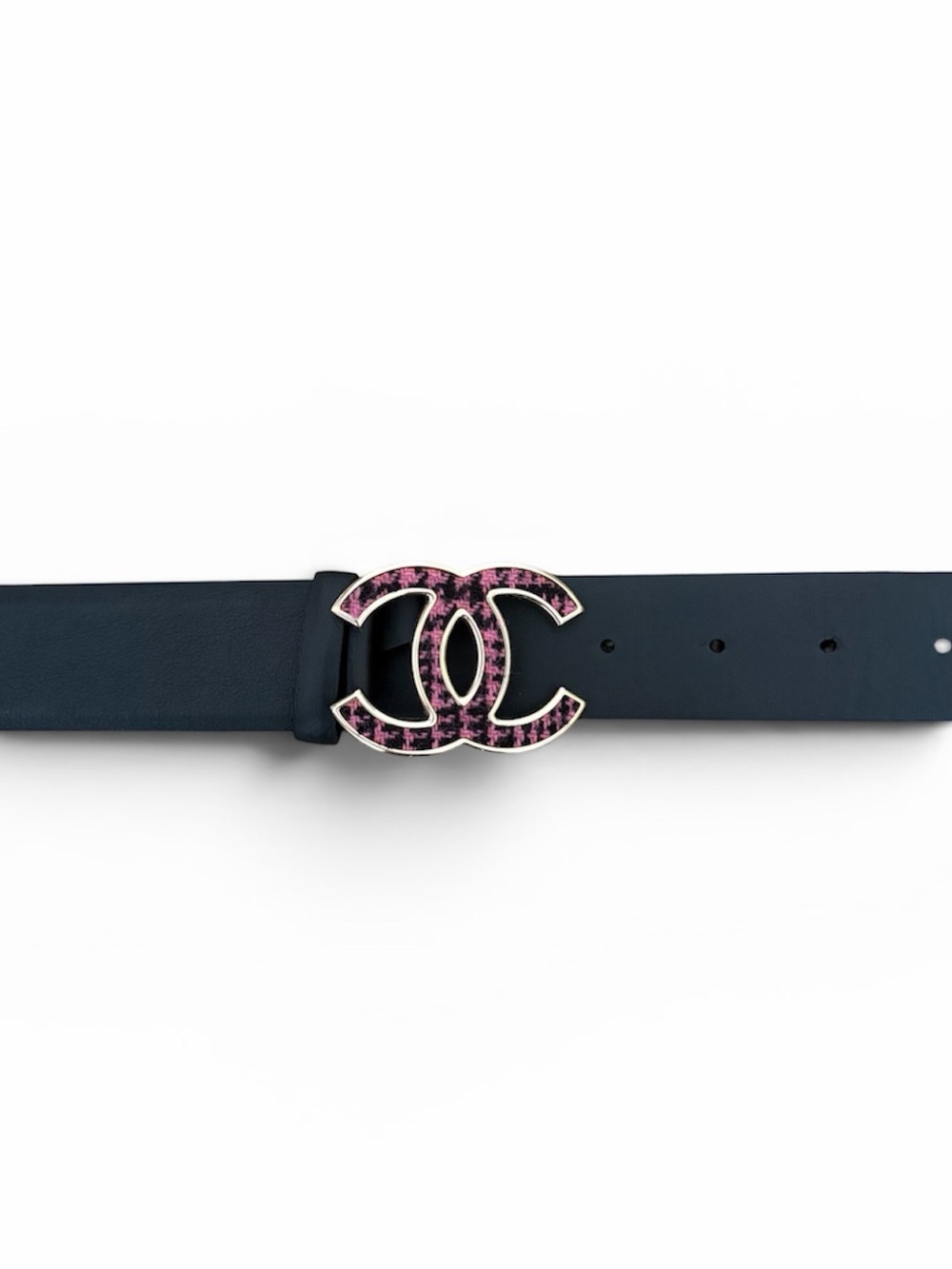 CHANEL Black Leather Belt with Pink Tweed CC Buckle - Picture 2 of 6
